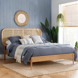 Jaydan Rattan Design Headboard 5ft Kingsize Wooden Bed - Oak