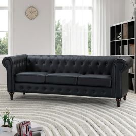 3 Seater Sofa - BELFORIA Leather Chesterfield Sofa - Black