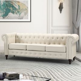 3 Seater Sofa - BELFORIA Leather Chesterfield Sofa - Cream