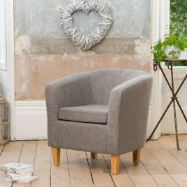 Tub Chair - VIVELLA Textured Fabric Chair with Light Wood Legs - Dark Grey