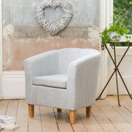 Tub Chair - VIVELLA Textured Fabric Chair with Light Wood Legs - Light Grey