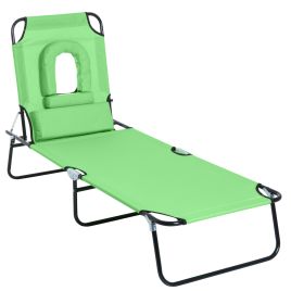 Sun Lounger Foldable Reclining Chair with Pillow and Reading Hole Garden Beach Outdoor Recliner Adjustable Green