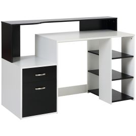 Computer Desk PC Table Modern Home Office Writing Workstation Furniture Printer Shelf Rack w/ Storage Drawer & Shelves (Black and white)