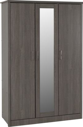 Wardrobe - LISKEARD 3 Door Mirrored Wardrobe Black Wood Grain 120cm