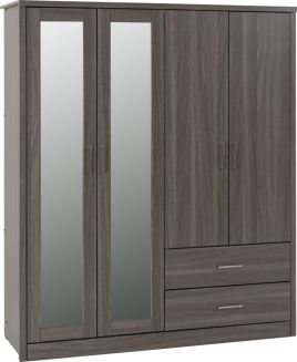Wardrobe - LISKEARD 4 Door Mirrored Wardrobe Black Wood Grain 157cm