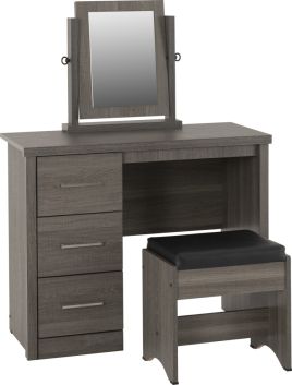 Lisbon 3 Piece Dressing Table Set with Mirror - Black Wood Grain Black Faux Leather