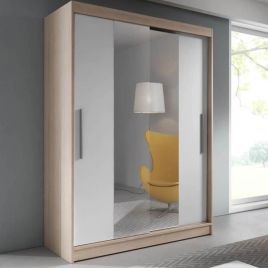 Sinatra Sliding Mirror Door Wardrobe 150cm in Sonoma Oak with White Front
