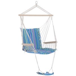 Outdoor Hammock Hanging Rope Chair Garden Yard Patio Swing Seat Wooden w/ Footrest Armrest Cotton Cloth (Blue)