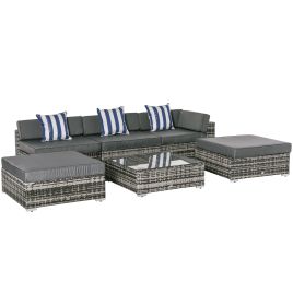 5-Seater Rattan Sofa Coffee Table Set Sectional Wicker Weave Furniture for Garden Outdoor Conservatory w/ Pillow Cushion Grey