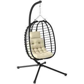 SUNVISTA Rattan Hanging Egg Chair Foldable Wicker Hammock Swing Chair Cream White