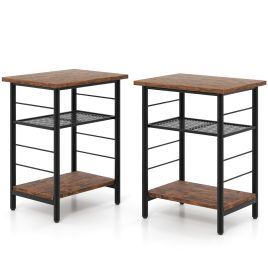 3-Tier Side Table with Height Adjustable Metal Mesh Shelf-Rustic Brown
