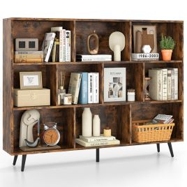 BRILLOSA 10-Cube Bookcase 140 CM Storage Organizer with 5 Tapered Metal Legs-Coffee