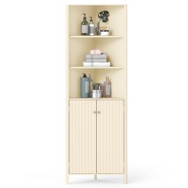 YIVENA 172cm Tall Corner Cabinet with 5 Shelves and 2 Fluted Doors-Beige