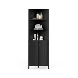 YIVENA 172cm Tall Corner Cabinet with 5 Shelves and 2 Fluted Doors-Black