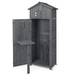 180.5CM Tall Outdoor Storage Cabinet with Lockable Doors and Foldable Table-Grey