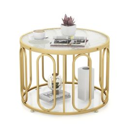 Coffee Table - 24 Inch Round Coffee Table with Reeded Tempered Glass Top-Golden