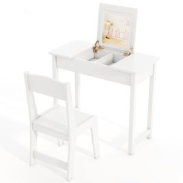 ANLO 2 in 1 Kids Vanity Table and Chair Set with Flip Top Mirror Hidden Storage-White