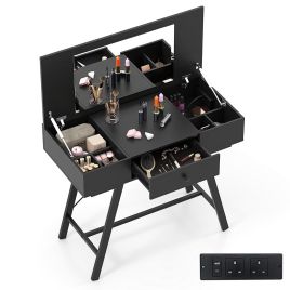 CALMARIN 2-in-1 Vanity Desk with Mirror and Charging Station-Black
