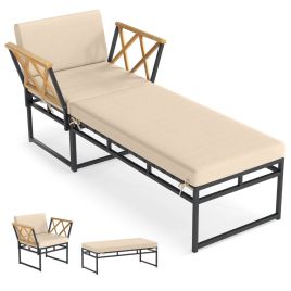 2 Pieces Patio Furniture Set with Cushion and Acacia Wood Armrests-Brown