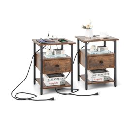 3-Tier Set of 2 Bedside Table with Charging Station Open Shelves and Drawer