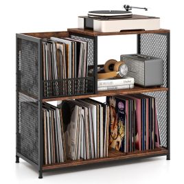 3-Tier Record Player Stand with Vinyl Storage and 3 Removable Dividers-Brown