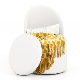 38 L Storage Ottoman Faux Velvet Vanity Stool with Backrest-White