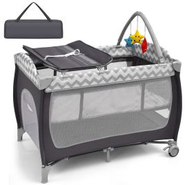GLINTORA 3 in 1 Baby Playard Portable Infant Nursery Center with Toy Bar-Grey