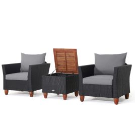 Patio Set - 3 Pieces Patio Porch Furniture Set with Cushions and Storage Table - Grey
