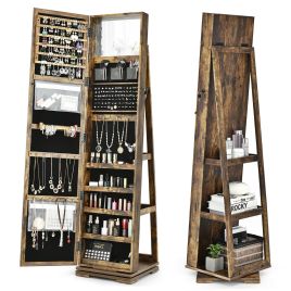 Full Length Mirrored Jewellery Cabinet Rotates 360Â° with Open Display Shelves-Rustic Brown