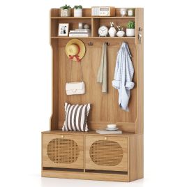 4-In-1 Hall Tree with Coat Rack and Flip Drawers-Natural