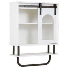 Bathroom Wall Cabinet with Sliding Barn Door and Metal Hanging Bar-White