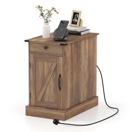 JVARO Bedside Table with Charging Station & Drawer-Brown