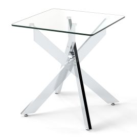 Glass Side Table with Tempered Glass Top and Metal X Base-Silver