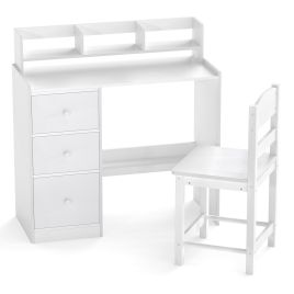 AVELON Kids Study Desk and Chair Set Wooden Children Writing Desk with Hutch-White