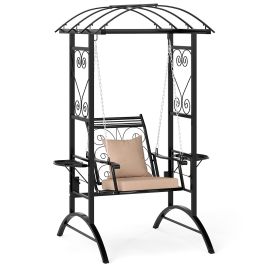 Outdoor Porch Swing with Stand & Cushions for Adults-Black