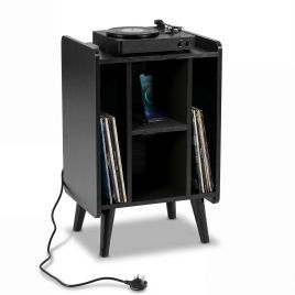 XVENA Record Player Stand with 4 Open Shelves Power Outlet USB Charging Port-Black