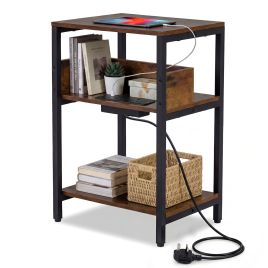 3-Tier Side Table with Charging Station-Rustic Brown