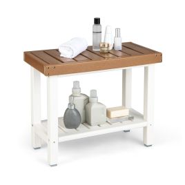 Shower Stool - 2-Tier Waterproof HDPE Bathroom Shower Stool with Storage Shelf-Brown
