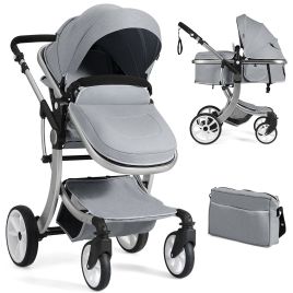 Foldable 2-in-1 Baby Stroller with Rain Cover and Mosquito Net - Grey