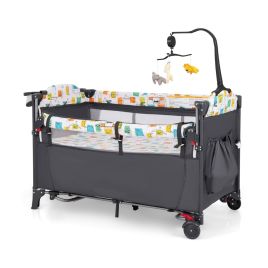 LUMARO 5-in-1 Baby Bassinet Bedside Sleeper with Diaper Changer and Hanging Toys-Grey