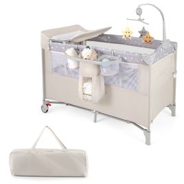Toddler Bed - 5-In-1 Baby Bassinet Crib Bedside Sleeper Nursery Center-Beige