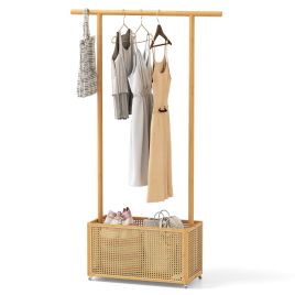 FENRITH Bamboo Clothes Rack 2-In-1 Clothing Hanging Rail-Natural