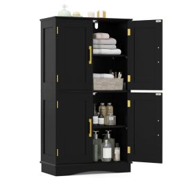 ELMO Bathroom Floor Storage Cabinet with 4 Doors and 2 Adjustable Shelves-Black