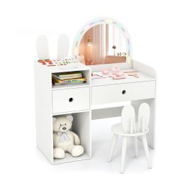 GIREL Bunny Kids Vanity Table and Chair Set with Lighted Mirror-White