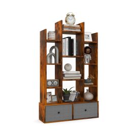 Bookcase - 12-Tier Wooden Bookshelf with Folding Drawer for Study Living Room-Brown