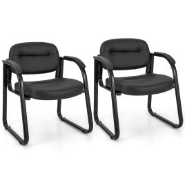 Office Chair - Set of 2 Waiting Room Chairs with Sled Base and Padded Arm Rest Black 62cm