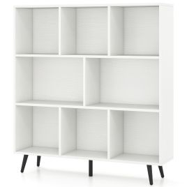 FIORLAN 8-Cube Mid Century Modern Bookcase with 5 Tapered Metal Legs-White