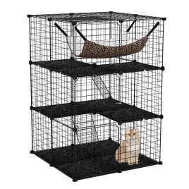 3-Tier Cat Enclosure Large Cat Cage with Comfy Hammock-Black