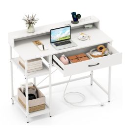 WELIX Computer Desk with Power Outlets and Top Shelf-White