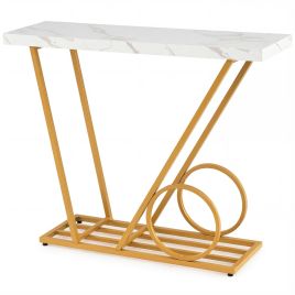 100CM Modern Faux Marble Console Table with Cart-inspired Design-White